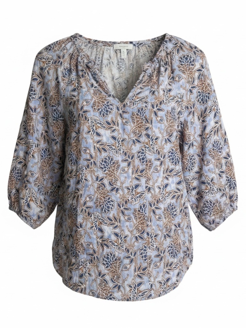 J. Jill Love Linen Floral Printed V-Neck Puff Sleeve Blouse - Blue/Tan Size XS